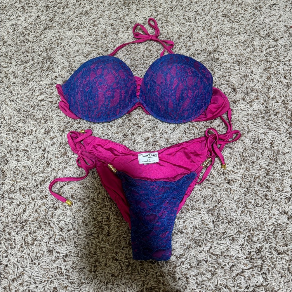 Beach Bunny Fuchsia and Navy Lace Bikini